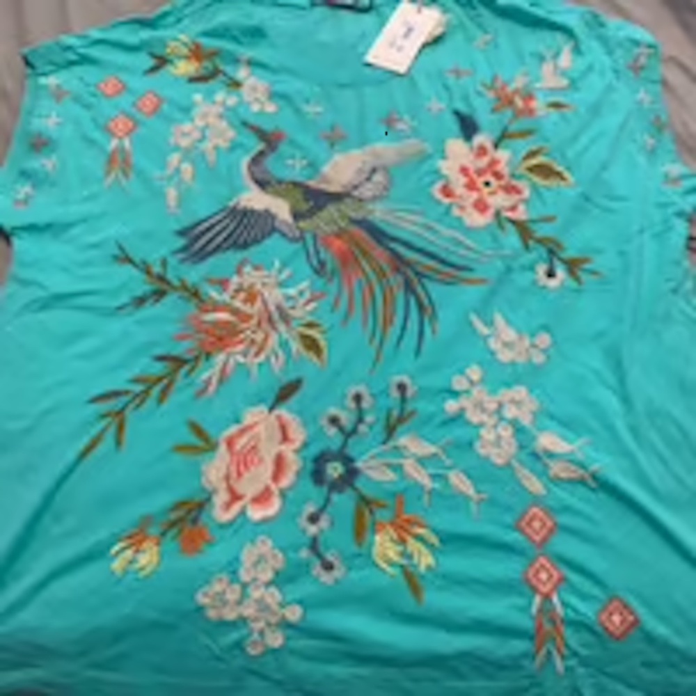 JOHNNY WAS embroidered Turquoise Tee STUNNING Sz L NWT-RARE/Hard-to-find! - Picture 15 of 16